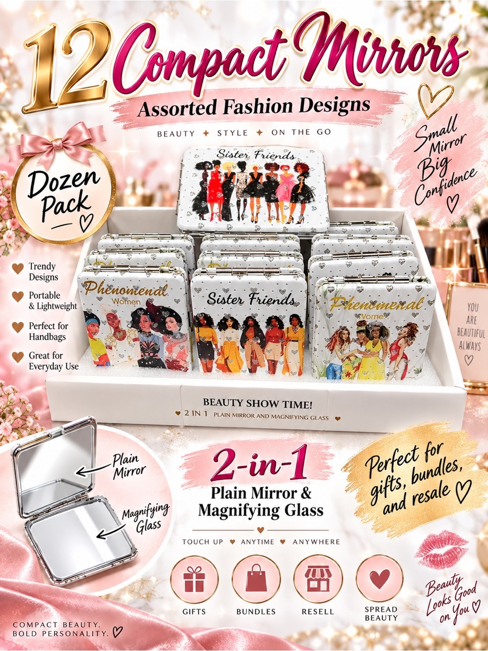 Assorted 12-Pack Compact Mirrors - White Illustrated Designs